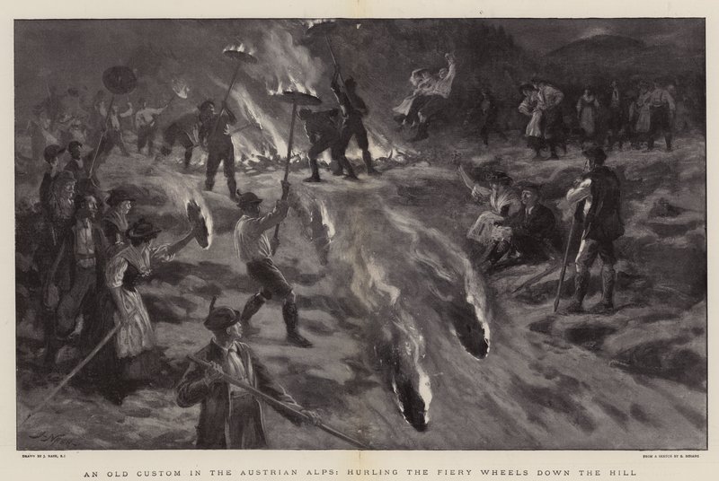 En gammel skik i de østrigske alper, der kaster de flammende hjul ned ad bakken af Joseph Nash