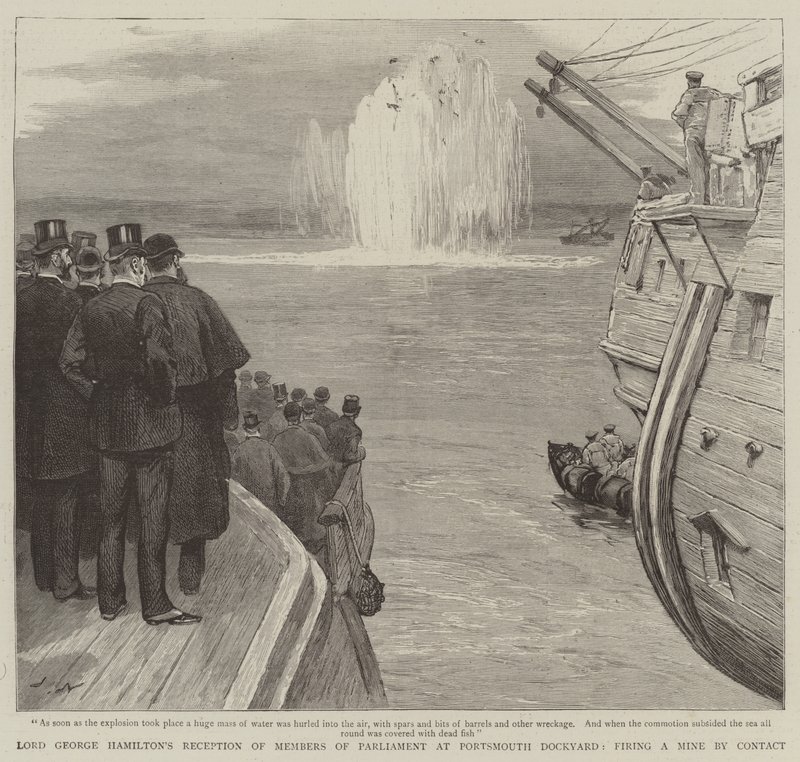 Lord George Hamiltons modtagelse af parlamentsmedlemmer på Portsmouth Dockyard, hvor han affyrede en mine ved kontakt af Joseph Nash