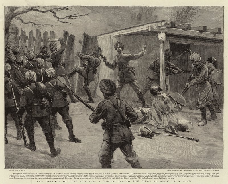Forsvaret af Fort Chitral, en sortie under belejringen for at sprænge en mine af Joseph Nash