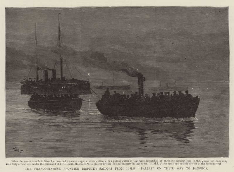 Den fransk-siamesiske grænsestrid, sømænd fra HMS Pallas på vej til Bangkok af Joseph Nash