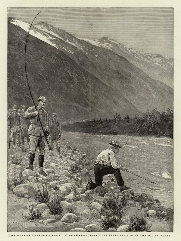 Den tyske kejsers besøg i Norge, hvor han spillede sin første laks i Olden-elven af Joseph Nash
