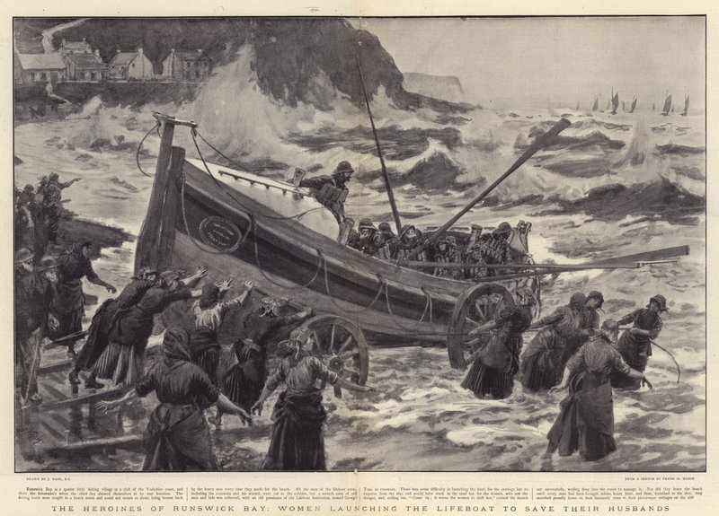 Heltinderne fra Runswick Bay, kvinder, der søsætter redningsbåden for at redde deres mænd af Joseph Nash