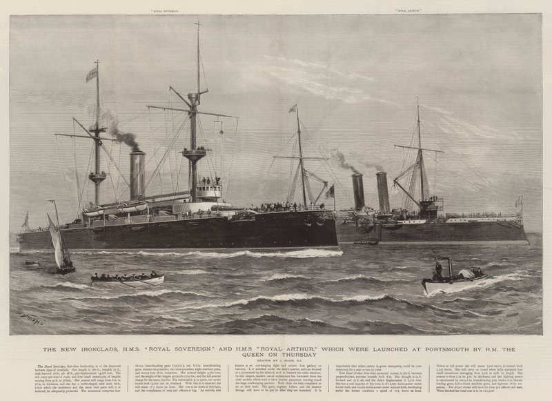 The New Ironclads, HMS Royal Sovereign og HMS Royal Arthur, som blev lanceret i Portsmouth af HM Dronningen torsdag af Joseph Nash