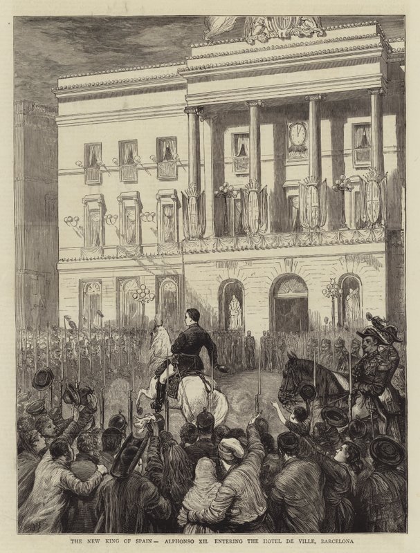 Den nye konge af Spanien, Alfonso XII, går ind på Hotel de Ville i Barcelona af Joseph Nash