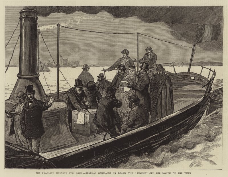 Den foreslåede havn for Rom, general Garibaldi om bord på Tevere ud for mundingen af Tiberen af Joseph Nash