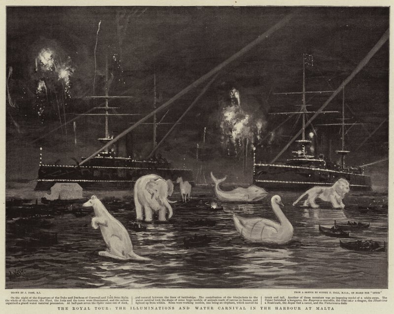 Den kongelige rundtur, illuminationerne og vandkarnevalet i havnen på Malta af Joseph Nash
