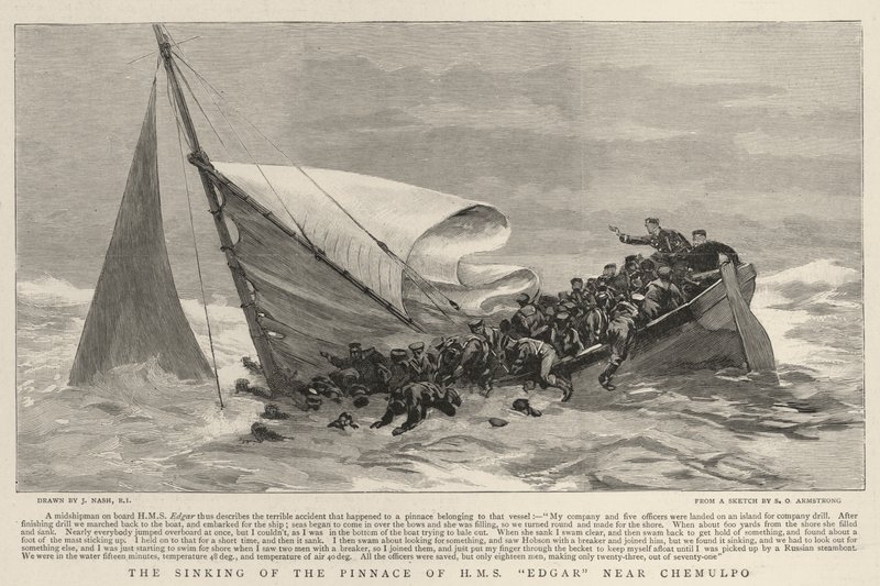 The Sinking of the Pinnace of H M S Edgar nær Chemulpo af Joseph Nash