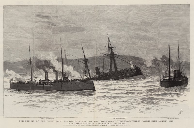 Oprørsskibet Blanco Encaladas forlis af regeringens torpedofangere Almirante Lynch og Almirante Condell i Caldera havn af Joseph Nash