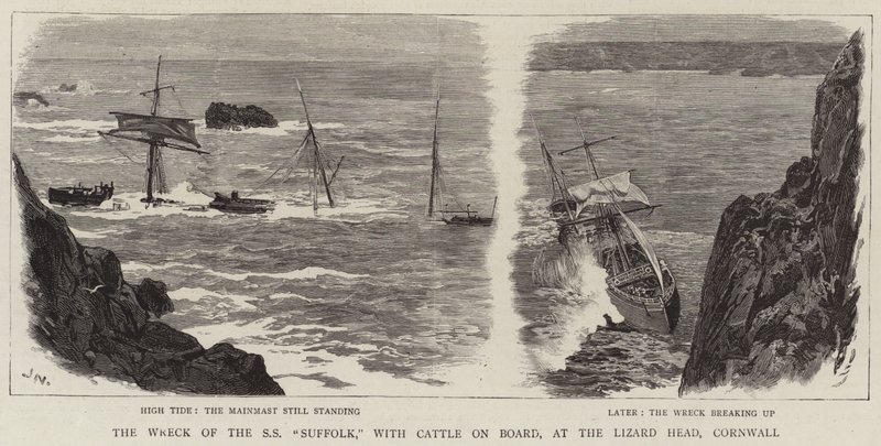 Vraget af SS Suffolk, med kvæg om bord, ved Lizard Head, Cornwall af Joseph Nash