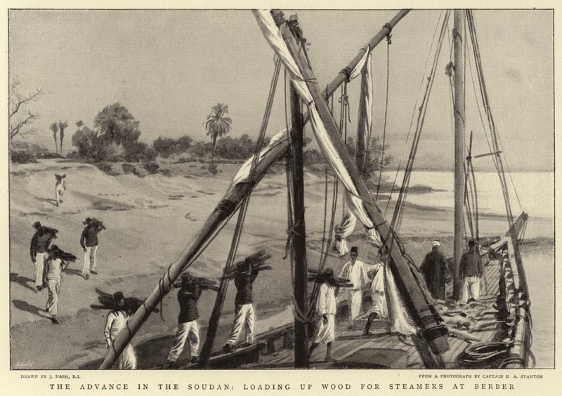 Fremrykningen i Soudan, læsser Wood for Steamers ved Berber af Joseph Nash