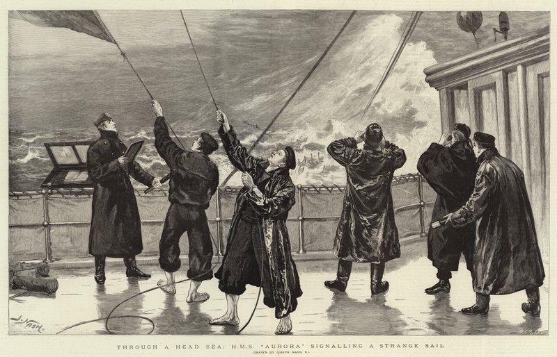 H M S Aurora, der signalerer en mærkelig sejlads gennem et hav af hoved, og af Joseph Nash