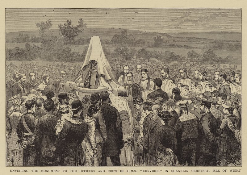Afsløring af monumentet for officererne og besætningen på HMS Eurydice på Shanklin-kirkegården, Isle of Wight af Joseph Nash
