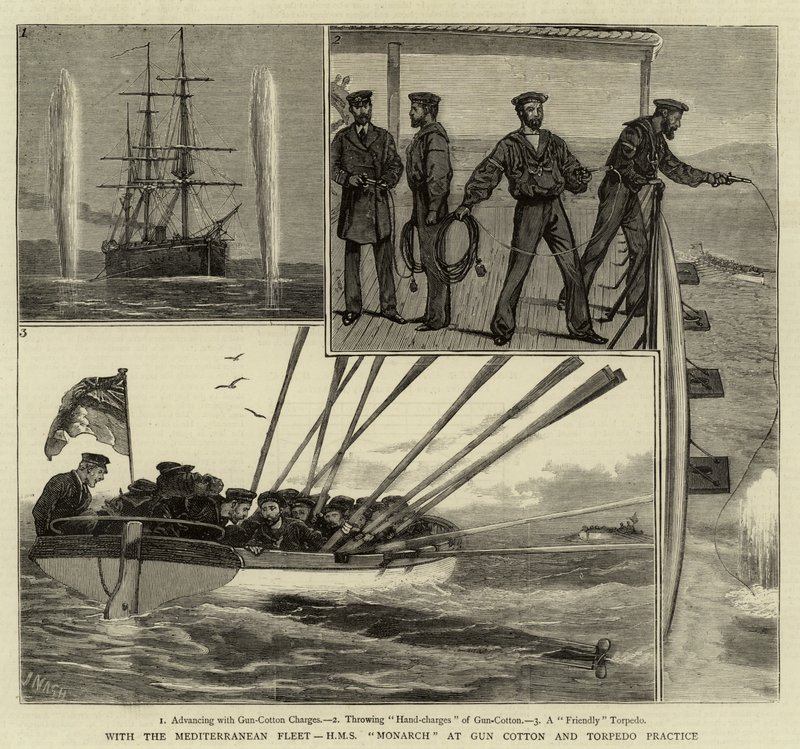 Med Middelhavsflåden, H M S Monarch ved Gun Cotton og Torpedo Practice af Joseph Nash