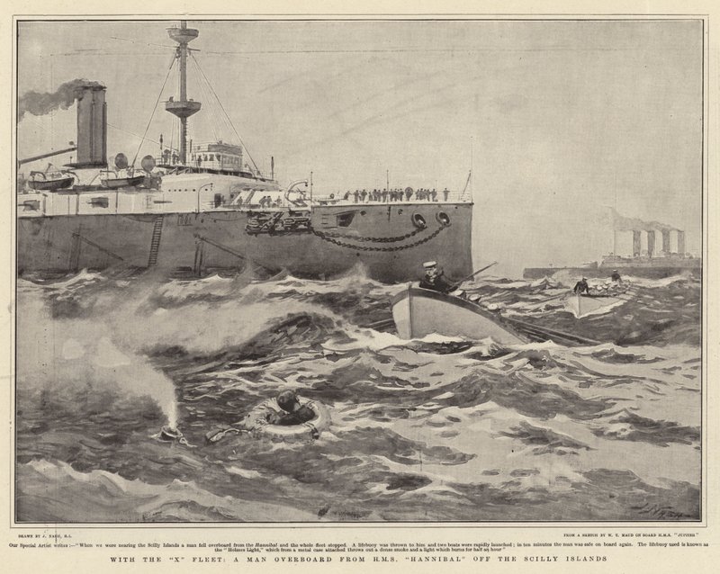 Med X Fleet, en mand over bord fra HMS Hannibal ud for Scilly-øerne af Joseph Nash