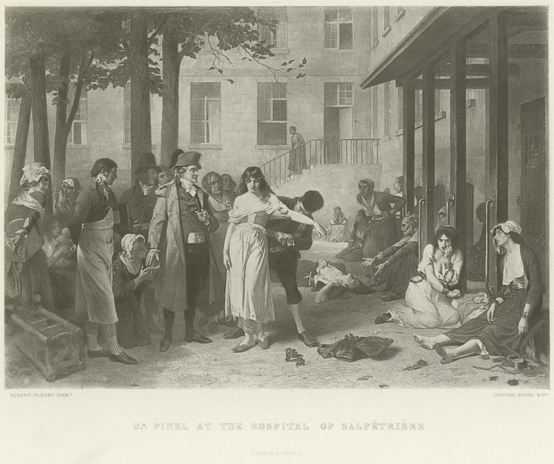 Dr. Pinel på hospitalet i Salpetriere (dybtryk) af Joseph Nicolas Robert Fleury