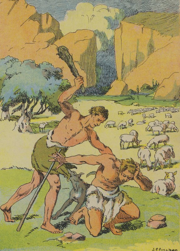 Kain myrder Abel (farvelitografi) af Joseph Porphyre Pinchon
