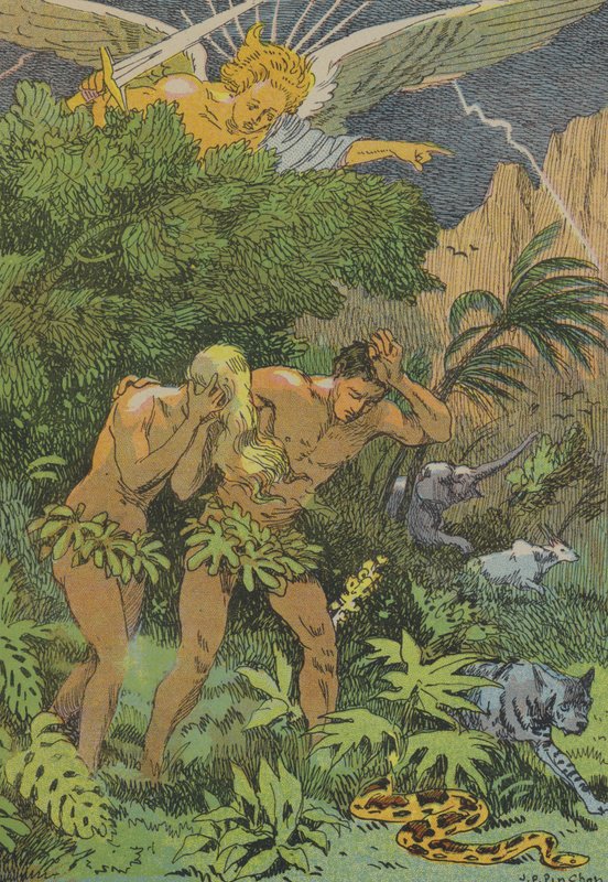Uddrivelsen af Adam og Eva fra Edens Have (farvelitografi) af Joseph Porphyre Pinchon