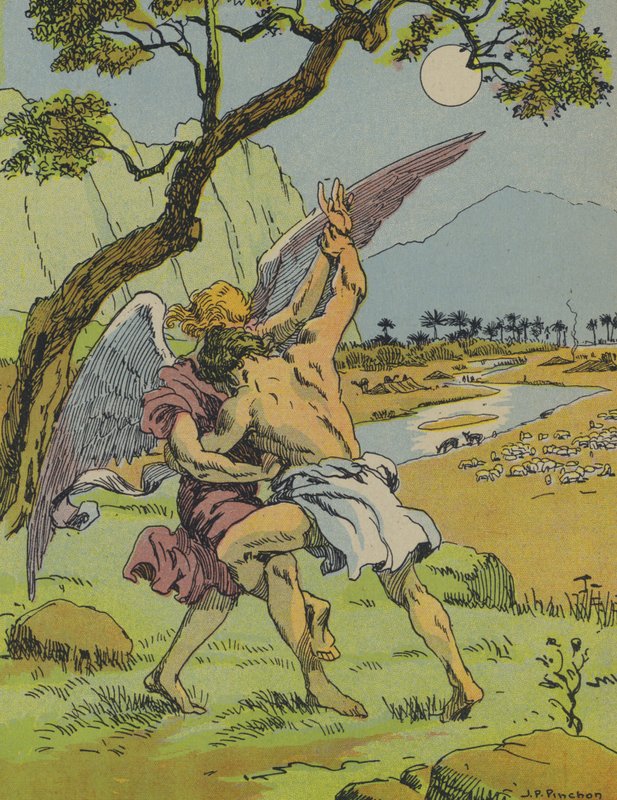 Jakob kæmper med englen (farvelitografi) af Joseph Porphyre Pinchon