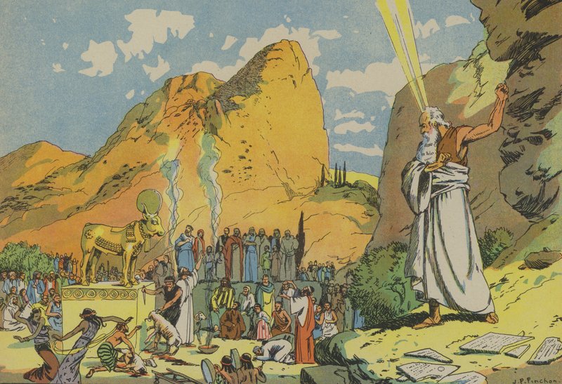 Moses og guldkalven (farvelitografi) af Joseph Porphyre Pinchon