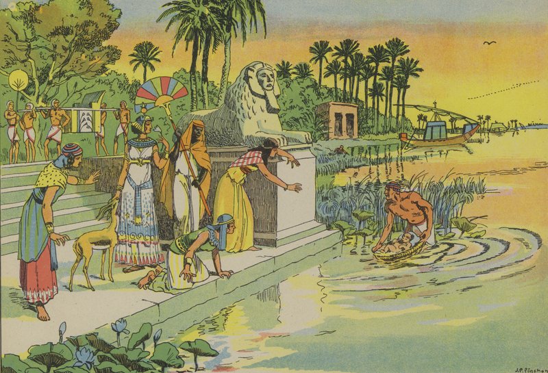 Moses bliver fundet i buskadset (farvelitografi) af Joseph Porphyre Pinchon