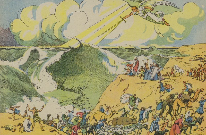 Moses krydser Det Røde Hav (farvelitografi) af Joseph Porphyre Pinchon