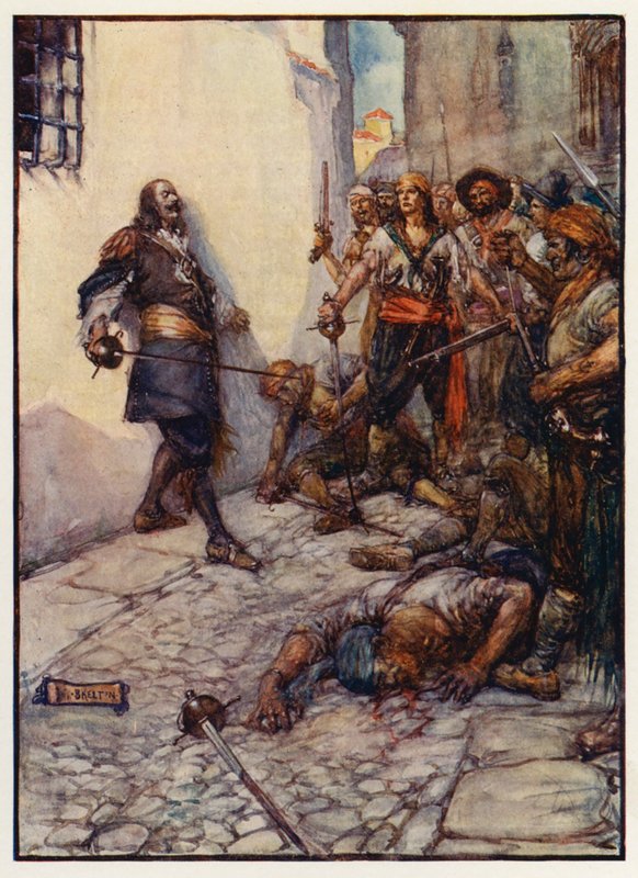 Hårdt og længe kæmpede denne tapre mand (farvelitografi) af Joseph Ratcliffe (after) Skelton