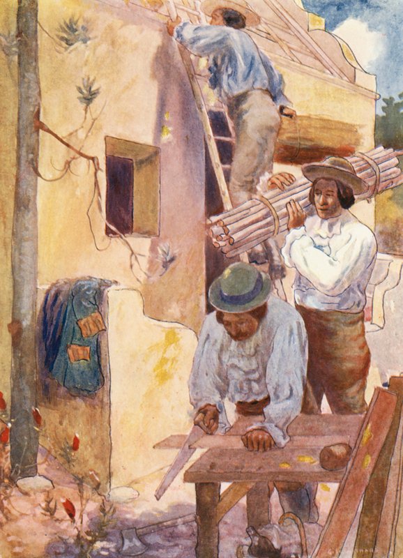 Huguenotter bygger deres gårde (farvelitografi) af Joseph Ratcliffe (after) Skelton