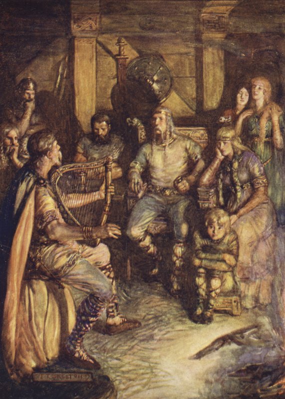 The gleeman synger Beowulfs gerninger (farve litho) af Joseph Ratcliffe (after) Skelton