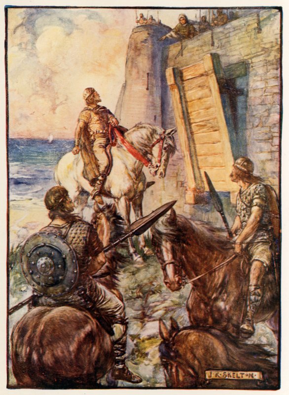 Macbeth bliver nægtet adgang af Lady Macduff, mens hendes mand flygter ad havet af Joseph Ratcliffe Skelton