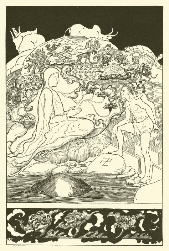 Krabben Pau Amma løb væk, mens den ældste tryllekunstner talte med manden og hans lille pigedatter (gravering) af Joseph Rudyard (after) Kipling