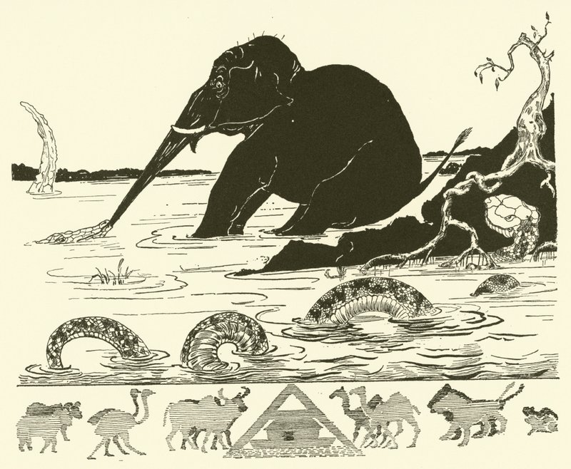 Elefantens barn får sin næse trukket af krokodillen (gravering) af Joseph Rudyard (after) Kipling
