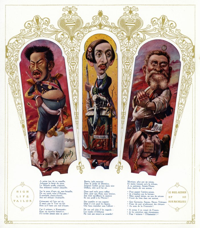 Karikaturer: Meiji-kejser af Japan; Maurice Barres, fransk forfatter og nationalistisk politiker; Jean Jaures, fransk politiker (farve litho) af Joseph Sirat