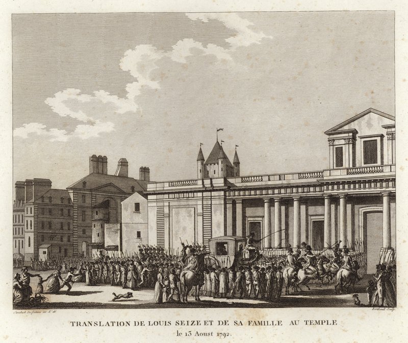 Folkemængder samles omkring vognen med Ludvig XVI og hans familie af Joseph Swebach Desfontaines