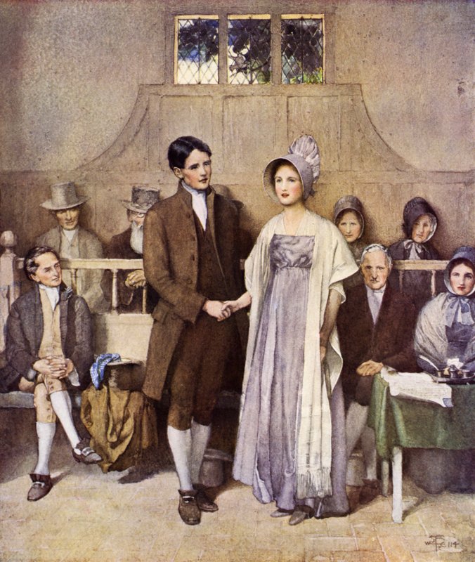 Et Quaker-bryllup, kærlighed og loyalitet (farve litho) af Joseph Walter West