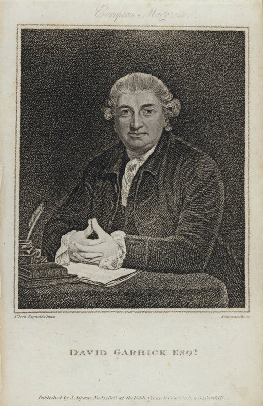 David Garrick, engelsk skuespiller, dramatiker og teaterchef (gravering) af Joshua (after) Reynolds