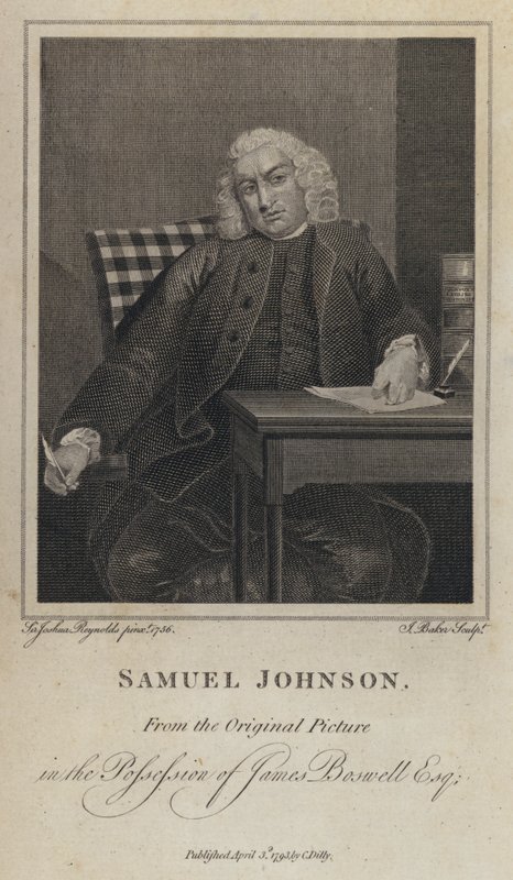 Samuel Johnson, engelsk forfatter og leksikograf (gravering) af Joshua (after) Reynolds