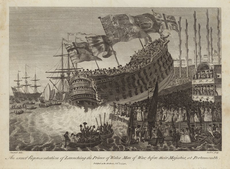 Lancering af Prince of Wales, Man of War, før deres Majestæter i Portsmouth af Joshua Cristall