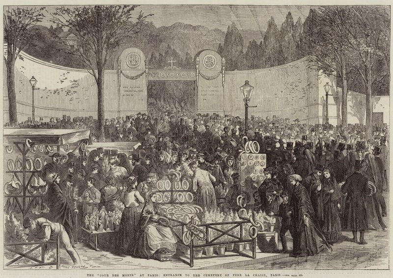 Jour Des Morts i Paris, indgang til kirkegården i Pere La Chaise, Paris af Jules Pelcoq