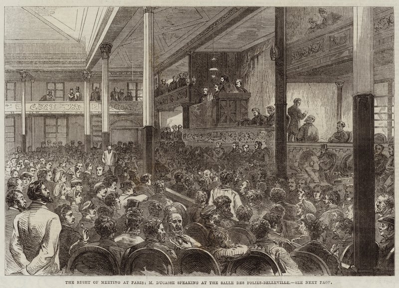 Møderetten i Paris, M Ducasse taler i Salle des Folies-Belleville af Jules Pelcoq