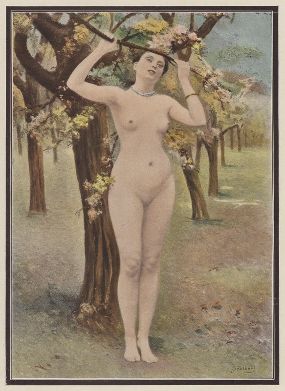 Forår, kvinde med træblomst (farve litho) af Jules (after) Scalbert
