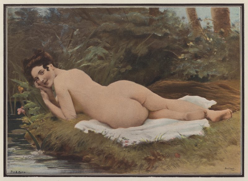 Kvinde efter sit bad (farve litho) af Jules (after) Scalbert