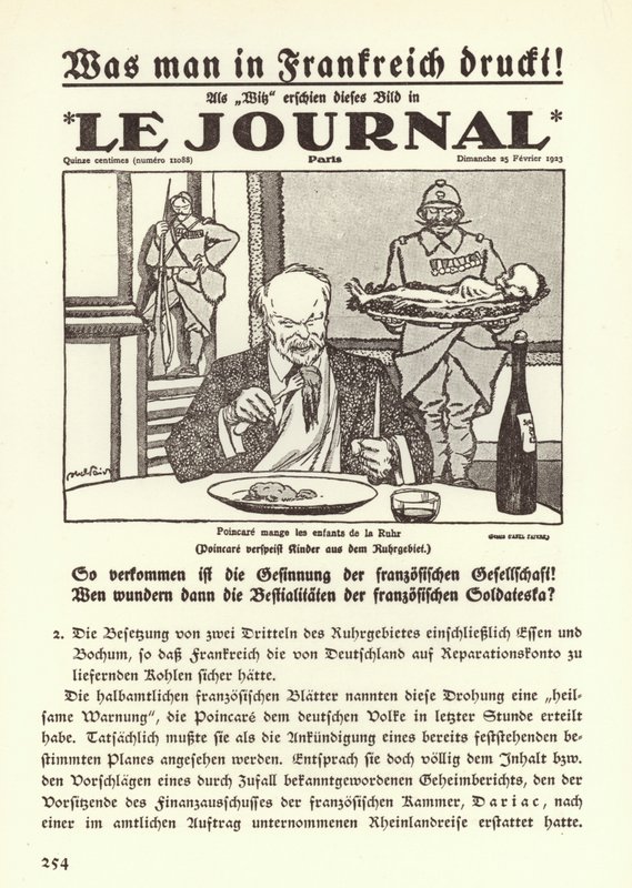 Tysk propaganda, der viser forsiden af en fransk avis med en tegneserie, der viser premierminister Raymond Poincare, der spiser børnene i Ruhr under den franske besættelse af regionen af Jules Abel Faivre