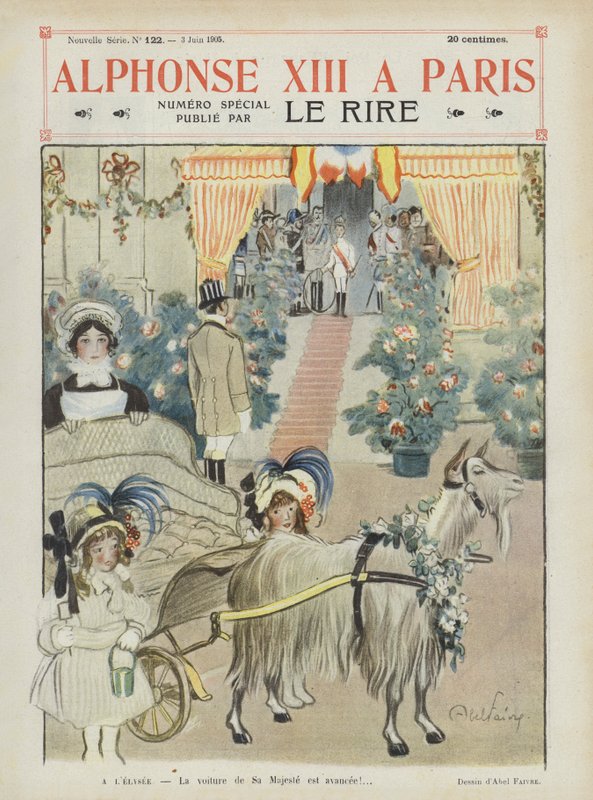 Besøg af kong Alfonso XIII af Spanien i Paris. Illustration til Le Rire af Jules Abel Faivre