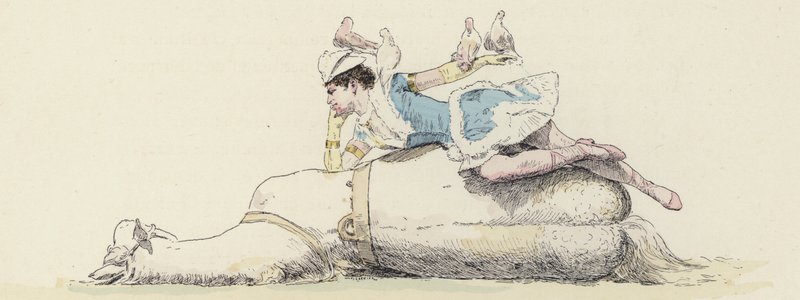Cirkusartist, liggende på en hest, med duer på armen og hovedet (farve litho) af Jules Arsene (after) Garnier