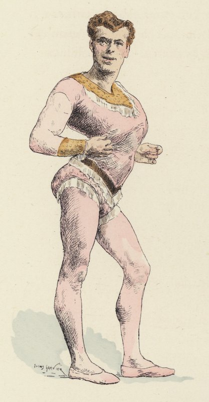 Cirkus stærk mand, med udtalt bryst (farve litho) af Jules Arsene (after) Garnier