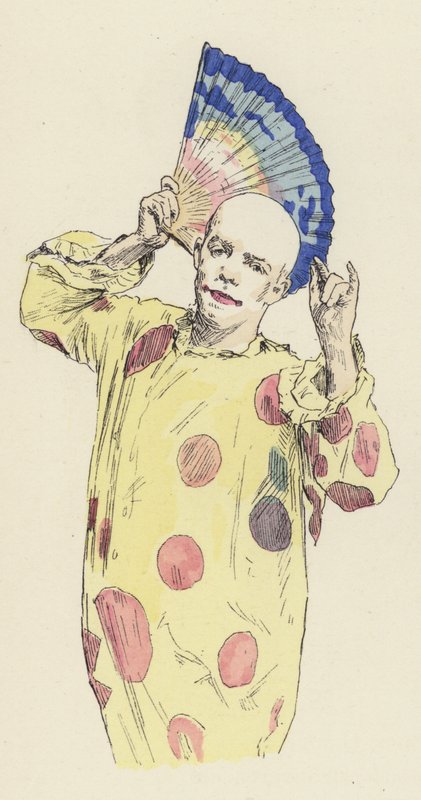 Klovn holder en vifte (farve litho) af Jules Arsene (after) Garnier
