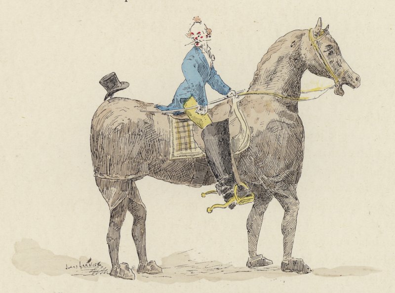 Klovn på udklædningshest (farve litho) af Jules Arsene (after) Garnier