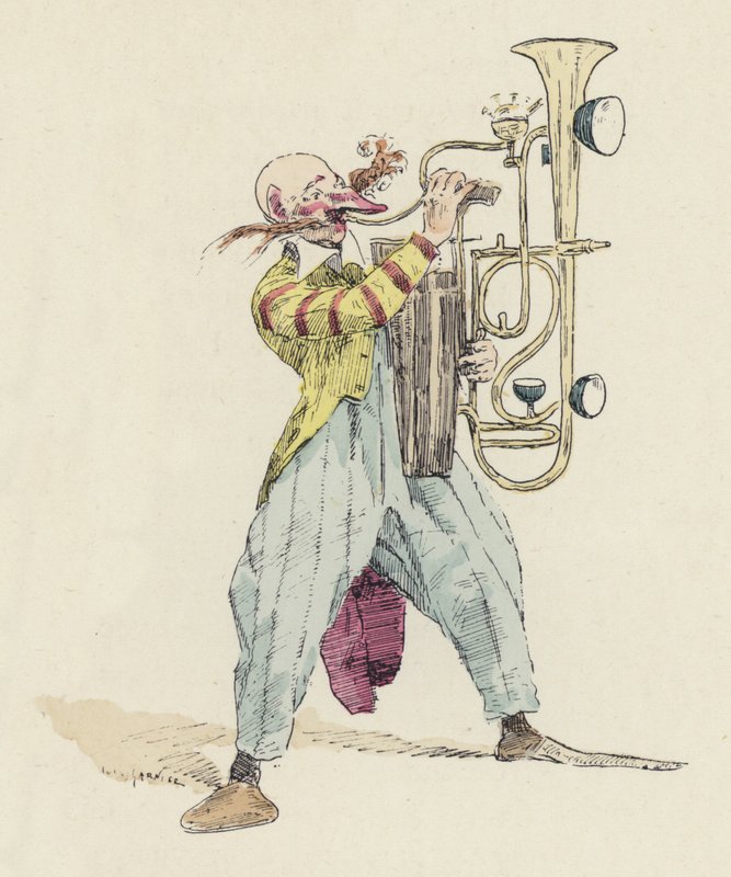 Klovn spiller et usædvanligt musikinstrument (farve litho) af Jules Arsene (after) Garnier