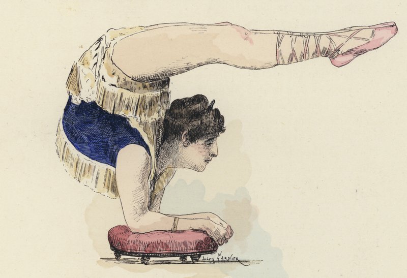 Kvindelig gymnast laver albuestand (farve litho) af Jules Arsene (after) Garnier