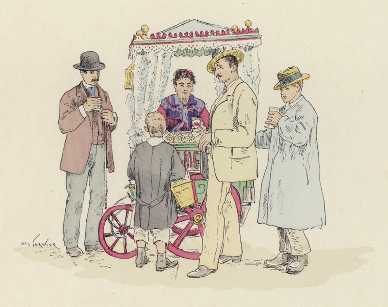 Lemonade sælger på messen (farve litho) af Jules Arsene (after) Garnier